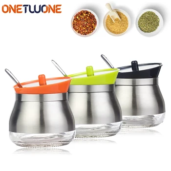 

Spice Jar & Spoon Condiment Bottles, 304 Stainless Steel Storage Jar Bottle Salt Pepper Cans, Kitchen Accessories