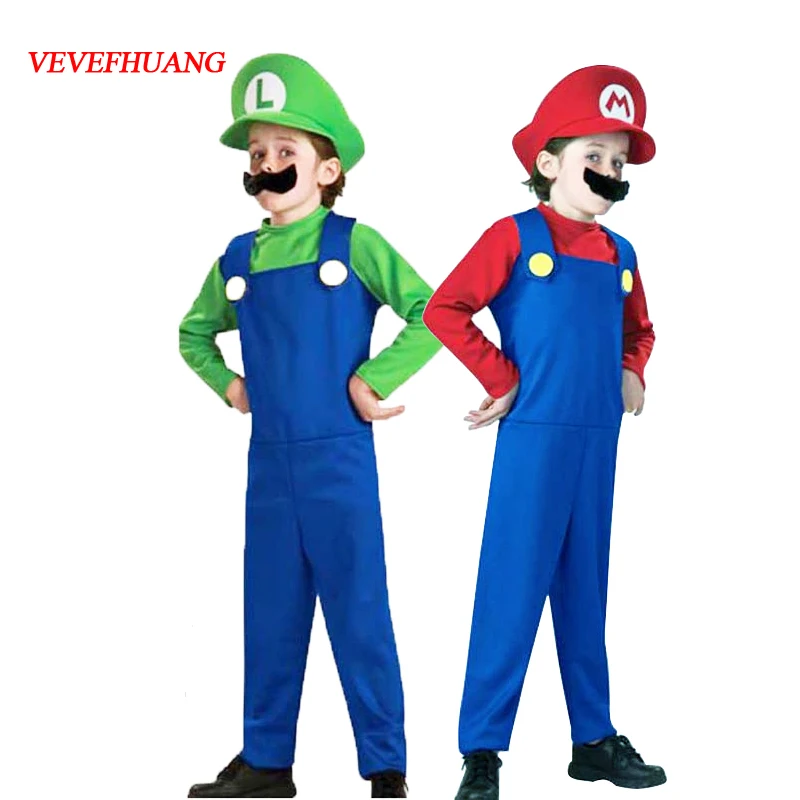 VEVEFHUANG костюмы на Хэллоуин Забавный Super Mario Luigi брат костюм для детей Для мальчиков и девочек Fantasia комбинезон для косплея