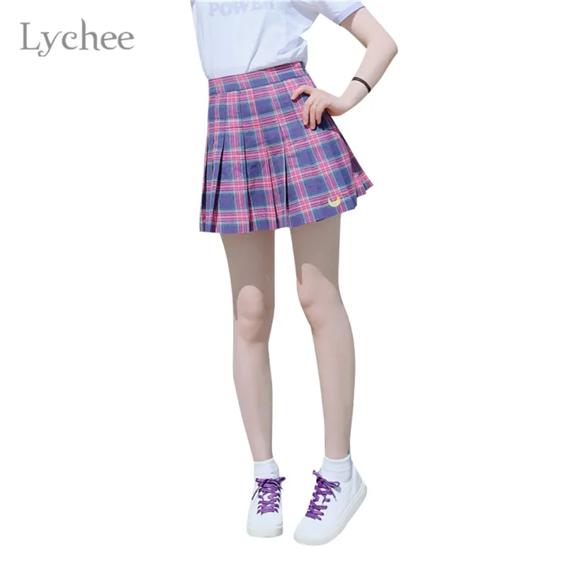 

Lychee Lolita Style Women Skirt Plaid Moon Embroidery Pleated Skirt High Waist Mini Skirt Spring Autumn Preppy Style Skirt