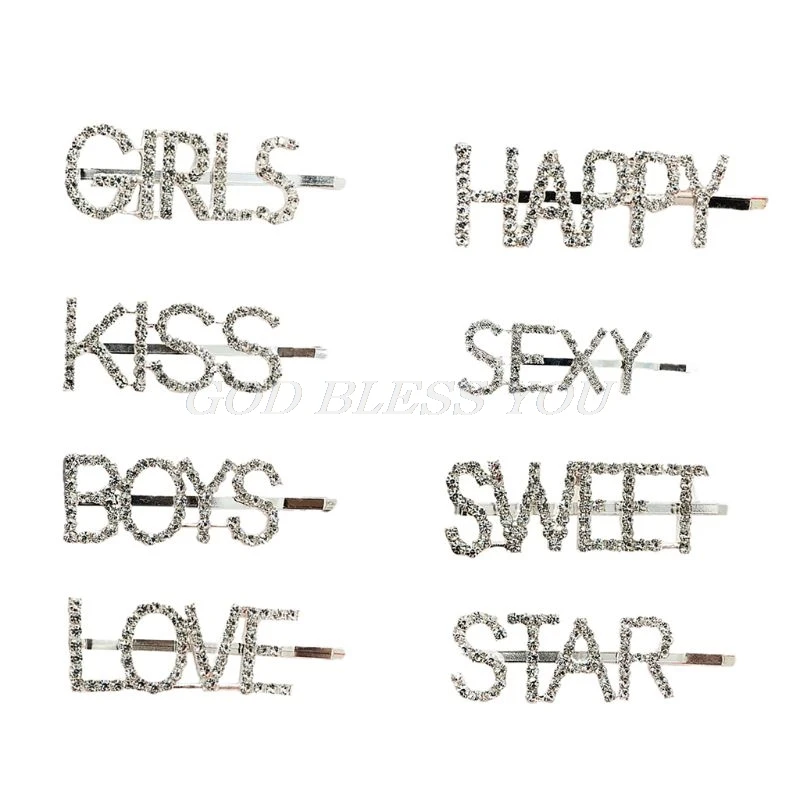 Sweet Girls Korean Style Capital Alphabet Funny Letters Hairpins Glitter Rhinestone Embellishment Side Straight Hair Clips Women