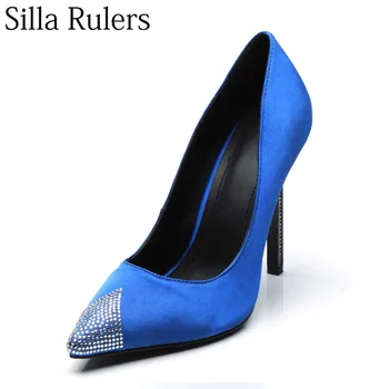 

Silla Rulers 2018 New Autumn Blue Silk Pumps Women Crystal Pointed Toe Thin Heels Mary Janes Shallow Sheepskin Women Party Shoes