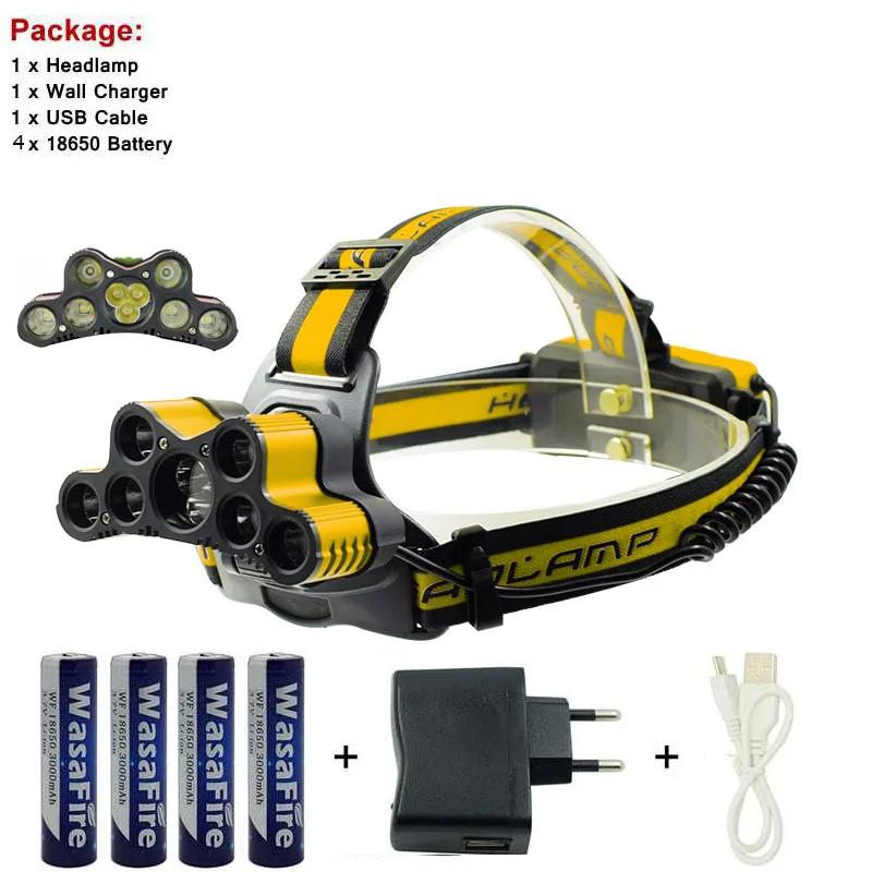 

Rechargeable Headlamp Camping Light Head Torch 7 * XM-L T6 + 2 * XPE Q5 LED Head Light With 18650 Battery + USB Cable + Charger
