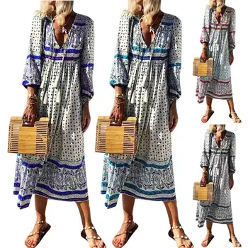 

New Bohemian Women Beach Sun Triangle Print Tassel Deep V Long Sleeve Midi Dress