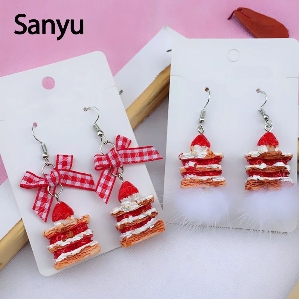 

Red White Check Pattern Vintage Strawberry Cake Drop Earrings Bowknot Mink Hair Ball Drop Earrings for Women Girl Christmas Gift