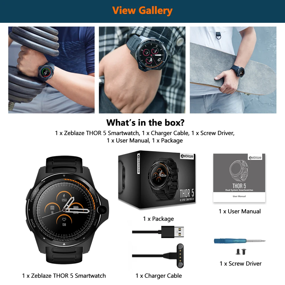 Умные часы Zeblaze THOR 5 четыре ядра 2 Гб + 16 ГБ 525 мАч GPS/ГЛОНАСС Android7.1.1 музыка умный