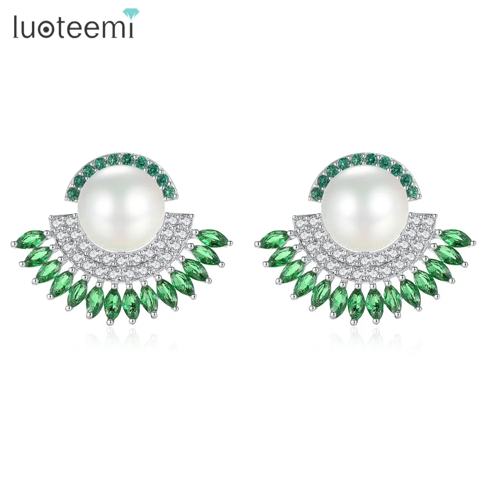 LUOTEEMI, аристократические полукруглые серьги-гвоздики с искусственным жемчугом, инкрустированные кубическим цирконием, прозрачные зеленые CZ камни для женщин, Brincos