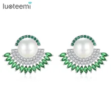 LUOTEEMI, аристократические полукруглые серьги-гвоздики с искусственным жемчугом, инкрустированные кубическим цирконием, прозрачные зеленые CZ камни для женщин, Brincos