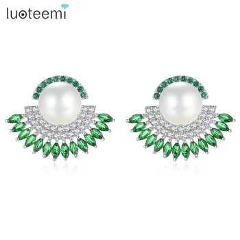 

LUOTEEMI Aristocratic Imitation Pearl Semi-circular Stud Earrings Inlaid Cubic Zirconia Clear Green CZ Stones for Women Brincos