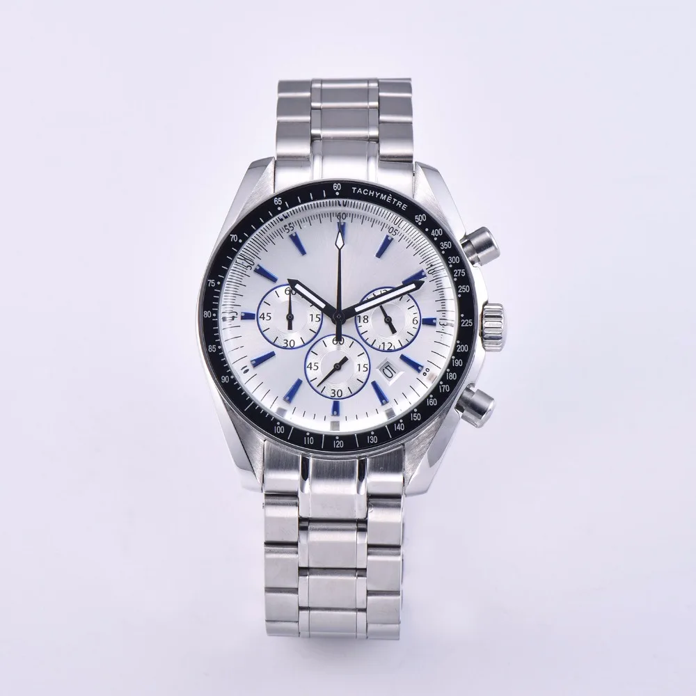 

Chronograph Men's Watch 40mm Japan Miyota Quartz Movement White Dial Date Stainless Steel Bracelet Luminous Watch 1844-4