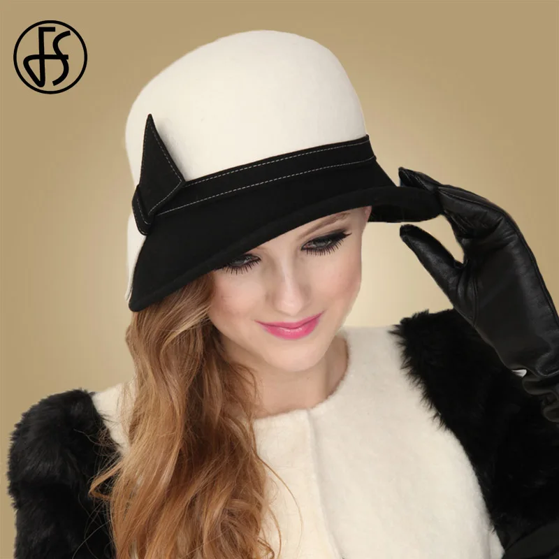 Online FS sombrero de ala ancha blanco lana arco bombín Fedora sombrero para mujer Chapeau Femme fetitre invierno Cloche señoras Iglesia fieltro gorras de fieltro