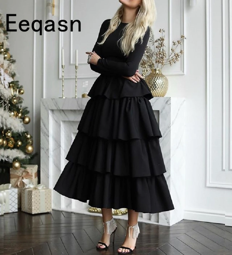 New Tea Length Prom Dresses Long Sleeves A-line Black Soft Satin Tiered Party Dress Real Image Vestido Robe De Soiree