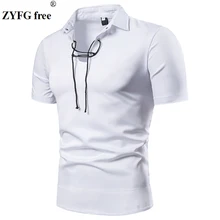 ZYFG free men t-shirt short-sleeved turn-down collar t-shirts solid color elastic rope decorative tops menswear