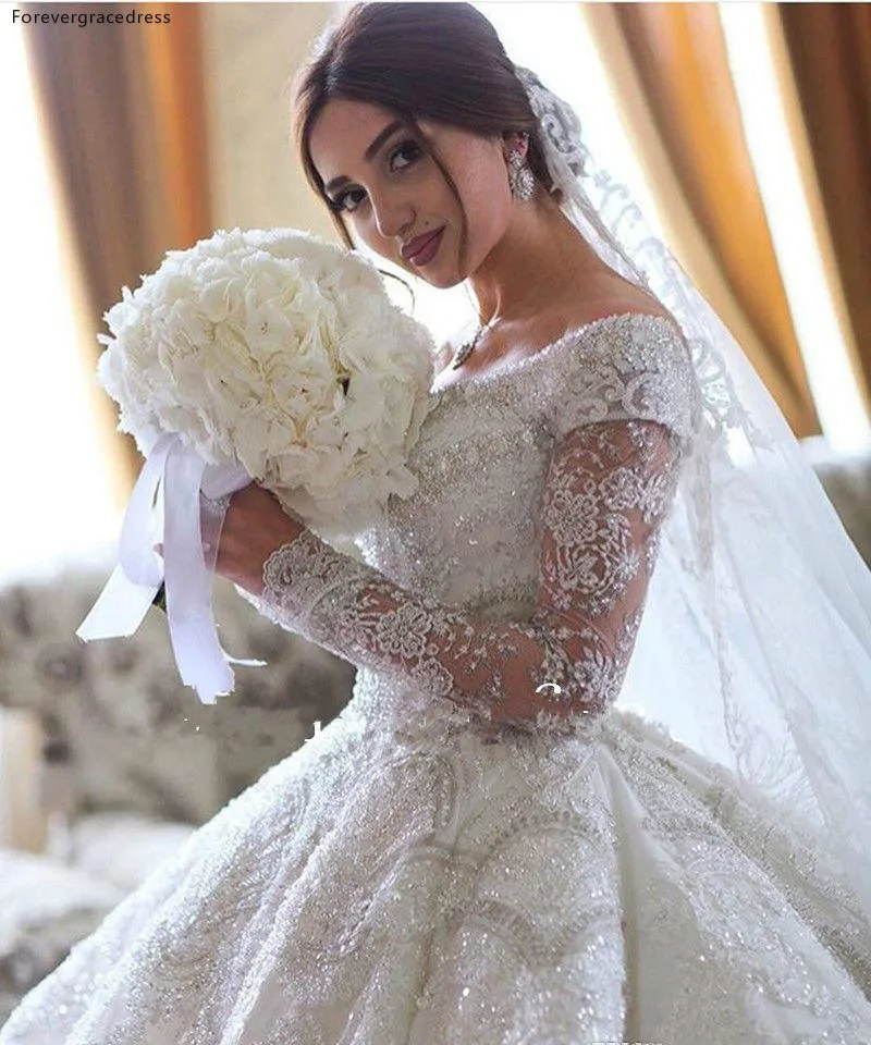 Custom Made Luxury Lace Ball Gown Wedding Dresses Saudi Arabia Off The Shoulder Long Sleeve Full Lace Appliqued Sequins Bridal Gowns  418 (3)