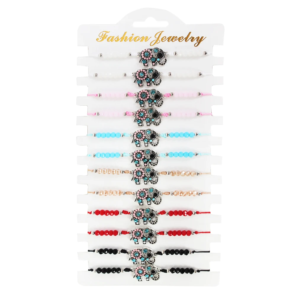 Модные 12 штук в упаковке из металла Слон Шарм Браслеты наборы для Для женщин регулируемые плетеные браслеты кристалл браслет из бусинок