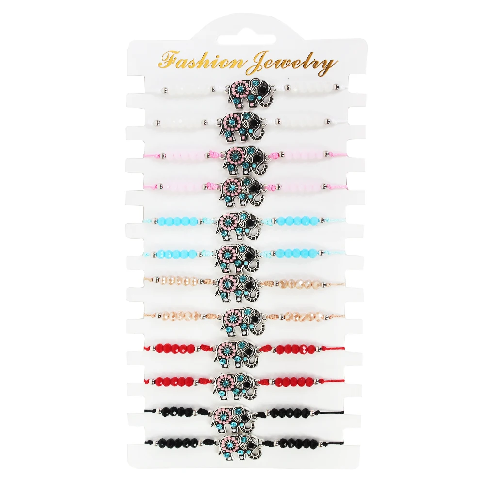

Fashion 12 pcs/lot Metal Elephant Charm Bracelets Sets For Women Adjustable Weave Bracelet Crystal Beads Wristband Kids Jewelry