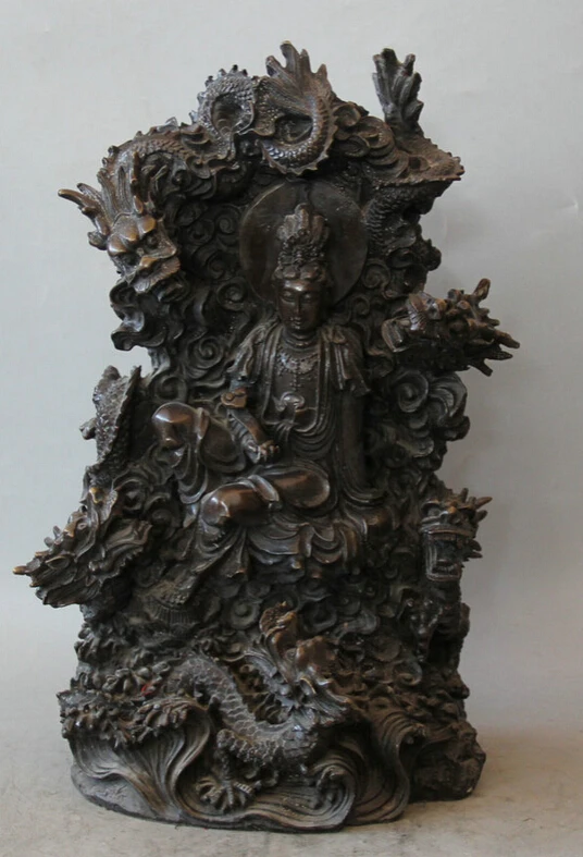 

USPS to USA S2409 16" Chinese Bronze Ru Yi Seat Nine Dragon Kwan-yin Guan Yin Boddhisattva Statue B0401