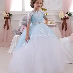 Милое голубое кружевное платье с цветами и бусинами для маленьких девочек на свадьбу, плиссированное платье с оборками для первого