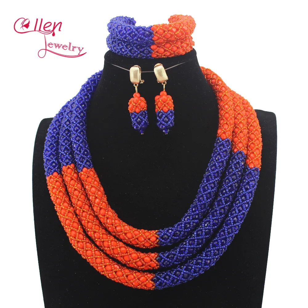 

Delicate Royal Blue Nigerian Wedding African Beads Jewelry Set Dubai Orange Coral Beads Bridal Jewelry Set Free Shipping W13613