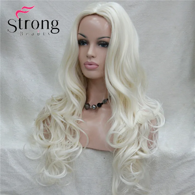 E-233 #614 new fashion sexy no bangs skin top 26 white blonde long wavy synthetic full wig (4)