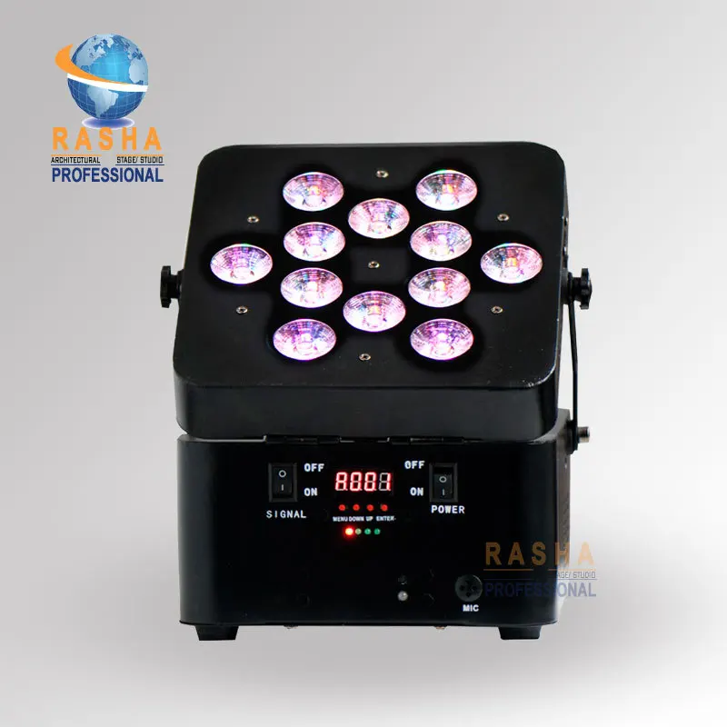 

Rasha Hot Sale New V12 5IN1 RGBAW Battery Powered Wireless DMX512 LED Par Light LED Slim Par Can,Long 8-10hours Backup Battery