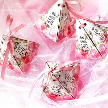 

100 x New Creative Pink Floral flower Triangular Pyramid Wedding Favors Candy Boxes Bomboniera Party decoration Gift Box