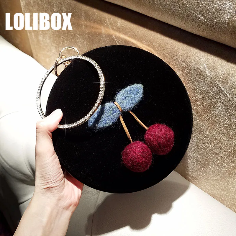 

LOLIBOX Women Clutches Woolen Velvet Small Round Bag Diamond Ring Clutches Ladies Chain Shoulder Bags Evening Party Bag