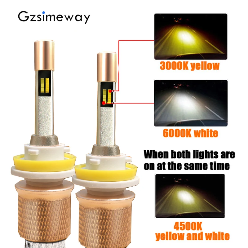 

2PCS 3-color H4 led headlight Fog lights H11 h1 HB3 9005 LED dual color Lamps H3 hb4 H27 H9 50W Auto light 12V 3000k 4300K 6000K