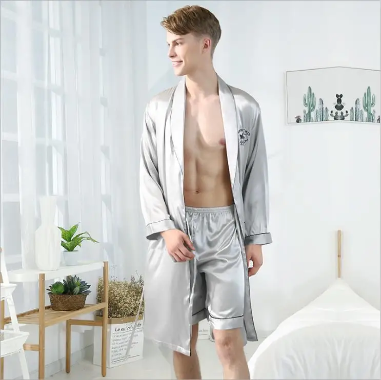 

2019 Men Pajamas Sets with Pants Silk Pijama Spring Summer Sleepwear Pyjama Flower Print Elegant Night Wear Nightsuits