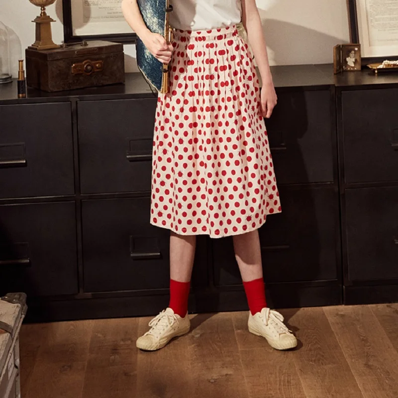 

Summer New Women 2018 Original Design Polka Dot Printed A-line Skirt Cotton Pleated Waist Botton Knee Length Skirts Preppy Style