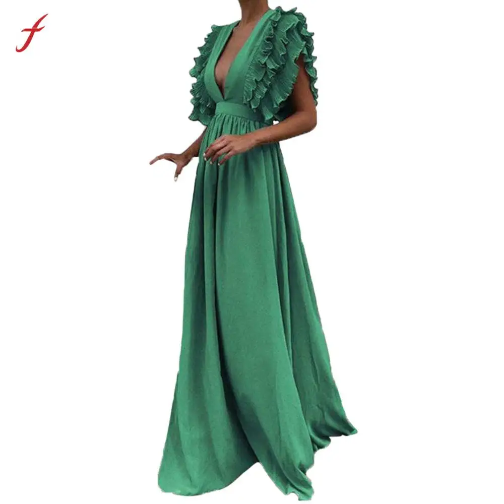 

Feitong Dresses Women Plus Size Solid Vintage Fly Sleeve Back Hollow V-Neck Long Party Dress New Fashion Chiffon sexy Soft Dress