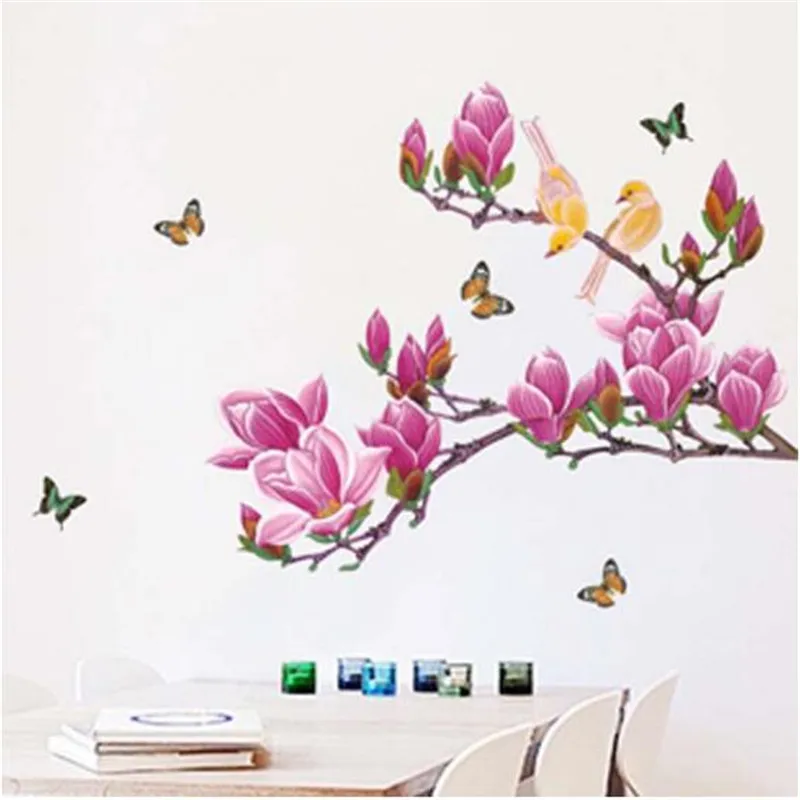 

1PCS DIY Butterfly Bird Ink Magnolia Wall Sticker Purple Orchid Stickers For Living Room Study Bedroom Decoration Mural 60*90cm