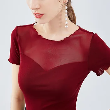 

Tops Tees 2019 summer new mesh tight t-shirt female short-sleeved European American women's red sexy v-neck shirt women sg29183