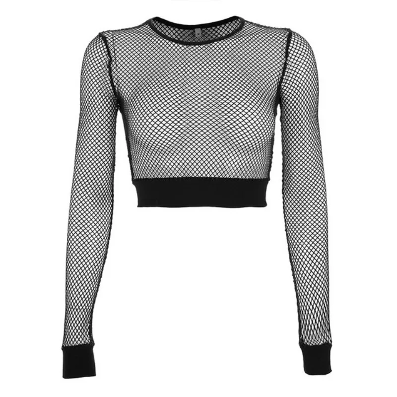 

Harajuku Mesh Fishnet Crop Top Long Sleeve T Shirt See Through Summer Autumn Top Women Sexy Black Transparent Tshirt