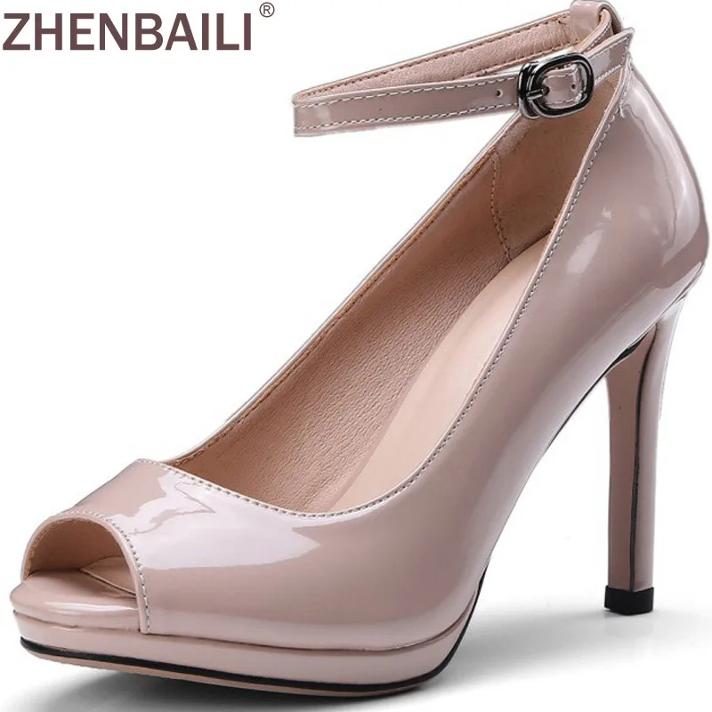 

ZHENBAILI Fashion Peep Toe Buckle Strap Heels Shoes Thin Heel Women PU Shoes Casual Work Metallic Pumps 10CM High Heel Shoes