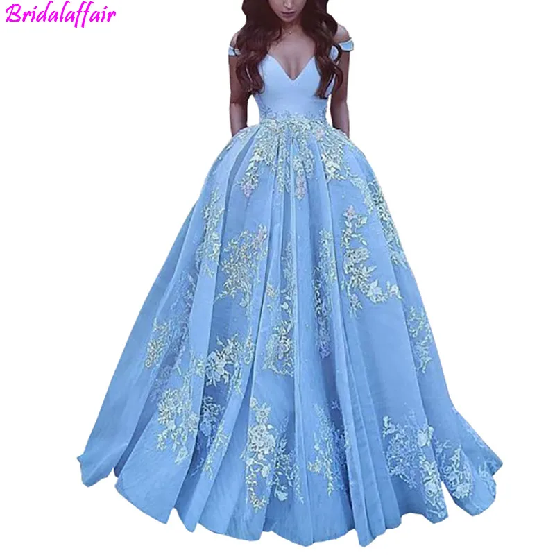 Sky Blue V Neck Prom Dress 2019 Off The Shoulder Puffy White Lace Appliques evening dresses long Long A Line Party Dresses Sky Blue V Neck Prom Dress 2019 Off The Shoulder Puffy White Lace Appliques evening dresses long Long A Line Party Dresses