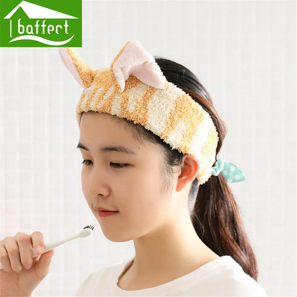 Cartoon Cat Ear Cute Women's Coral Headband Bath Shower Cap Wash Face