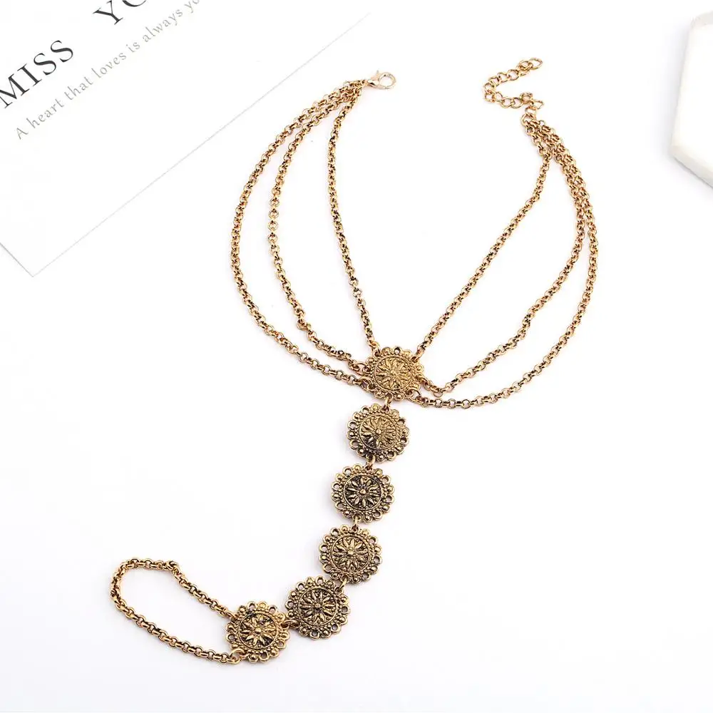 

Boho Summer Vintage Ankle Bracelet Round Carving Flower Coins Anklet Ethnic Barefoot Sandals Foot Jewelry Anklets For Women