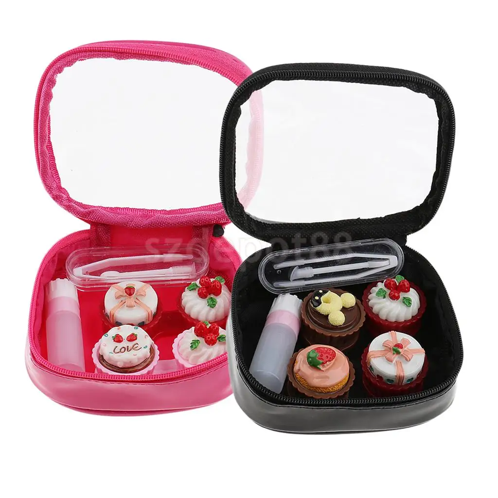2 Set Mini Contact Lens Box Travel Cartoon Cute Cream Cake Contact Lenses Holder with Storage Zipper Pouch Black/ Rose Red