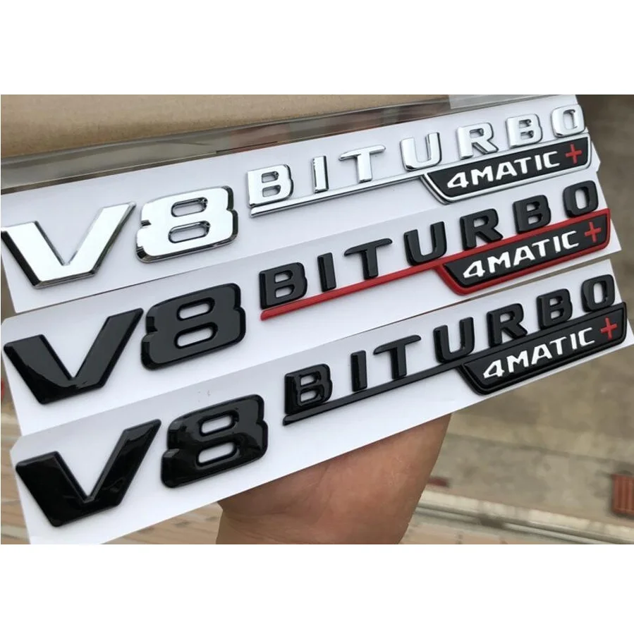

1 pair Chrome Black V8 BITURBO 4MATIC+ Fender Letters Badge Emblem Emblems Badges for Mercedes Benz AMG 4MATIC + 2017-2019