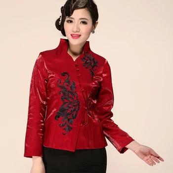 

2020 New Burgundy Elegant Female Satin Jacket Silm Chinese Style Breasted V-Neck Formal Coat Full Outwear Size M-4XL L10093