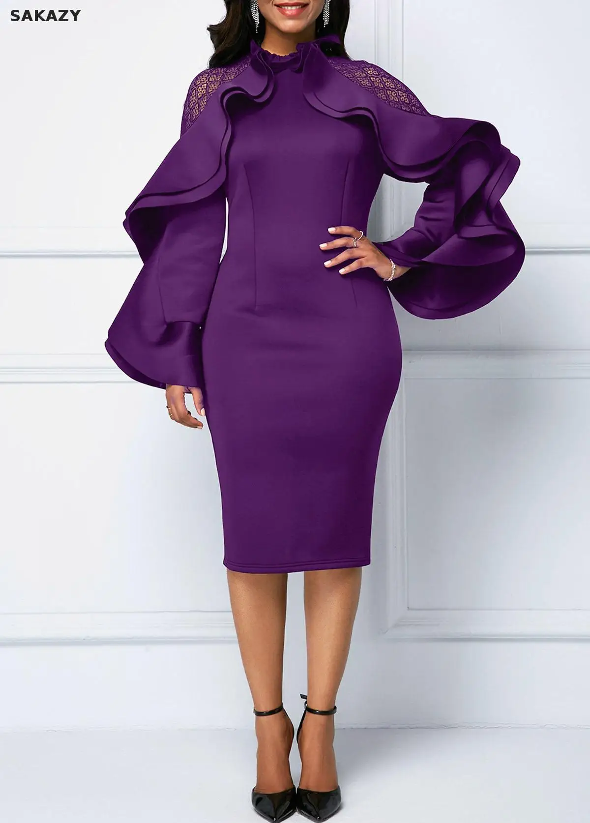 

2019 Plus Size Ruffled Long-sleeved Slim Bag Hip Pencil Dress New Spring Fashion Lace Women Dress Casual Office Womens Clothing