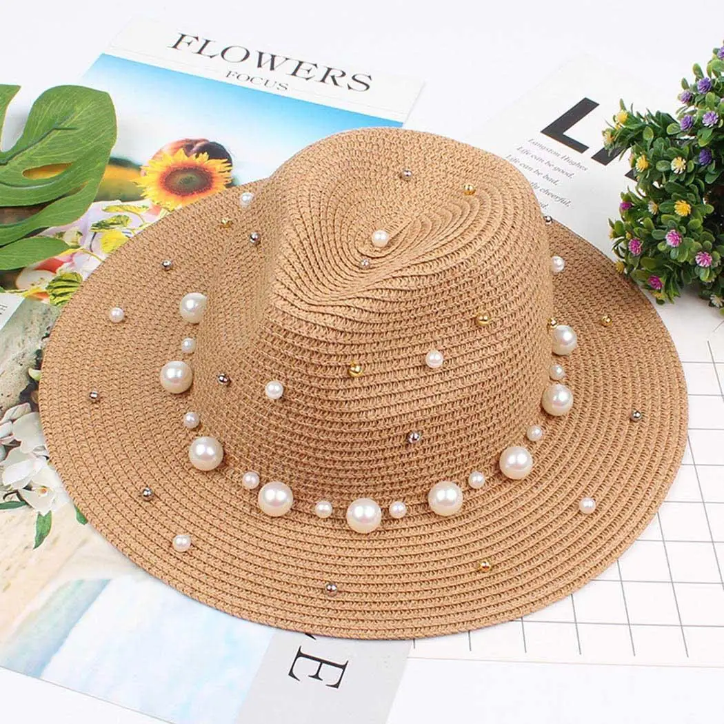 

Women Fashion Summer Spring Bunch Straw Hand wash only. Solid Summer, Artificial Pearl Braided Round Wide Hat
