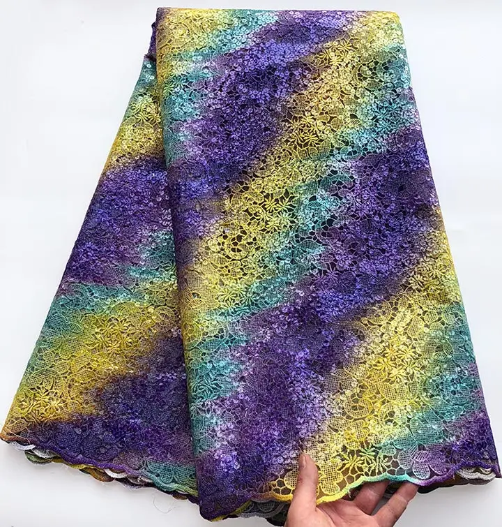 Высококлассные разноцветные французские кружева африканский тюль кружева нигерийская Ткань для шитья со сплошными блестками 5 ярдов за штуку горячая распродажа - Цвет: Purple Yellow Aqua