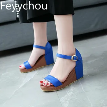 

Women Sandals Beach Shoes Super High Heel Pu Buckle Wedges Platform 2018 Summer New Sexy Fashion Casual Wedding Blue Beige Red