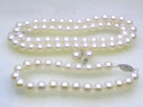 

AAA+++ 6.5-7mm round white akoya pearl necklace earring bracelet 14k/20 solid gold