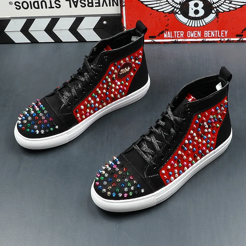 

2019 luxury designer mixed colors Colorful rivet charming shoes Causal Flats Moccasins Male High Top Rock hip hop shoes For Man