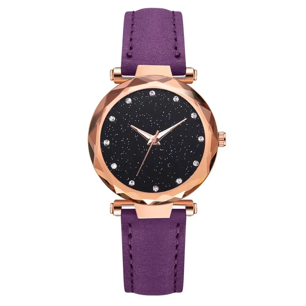 Топ часы женские модные часы ремешок для часов PU браслет Femme Montre звездное небо платье стразы женские Zegarek Damski - Цвет: Фиолетовый