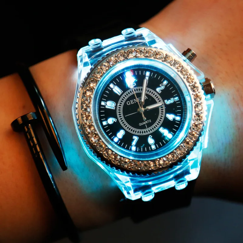 

100pcs/lot fashion lady geneva crystal watch candy colors women led wrist watch wholesale quartz watches