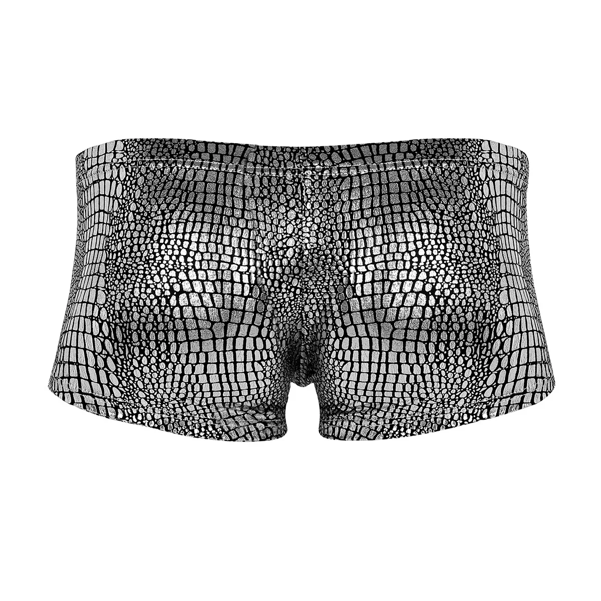 Sexy Mens Wet Look Shiny Metallic Lingerie Boxer Panties Underwear Snakeskin Printed Bulge Pouch Clubwear Low Rise Trunks Shorts