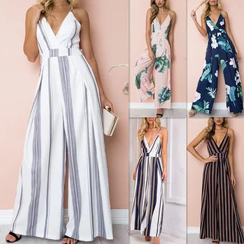 

Sexy Spaghetti Strap Striped Femme Jumpsuits 2019 New Women Summer Backless Hollow Out Rompers Loose Casual V-Neck Jumpsuits